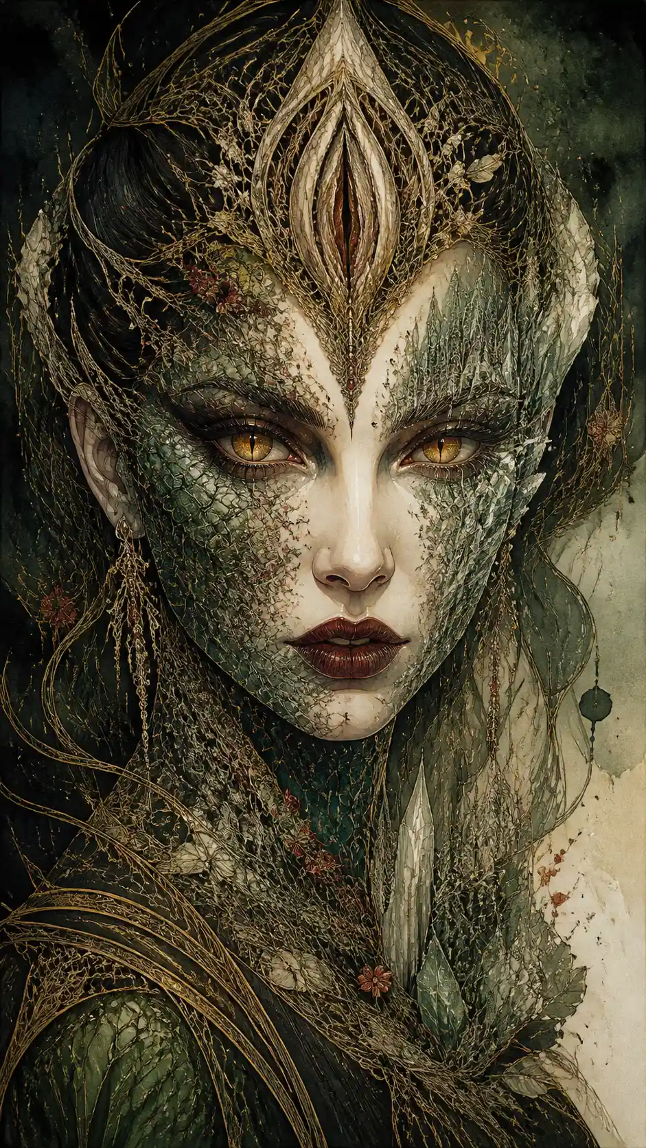 Surreal fantasy woman with crocodile scales and golden eyes