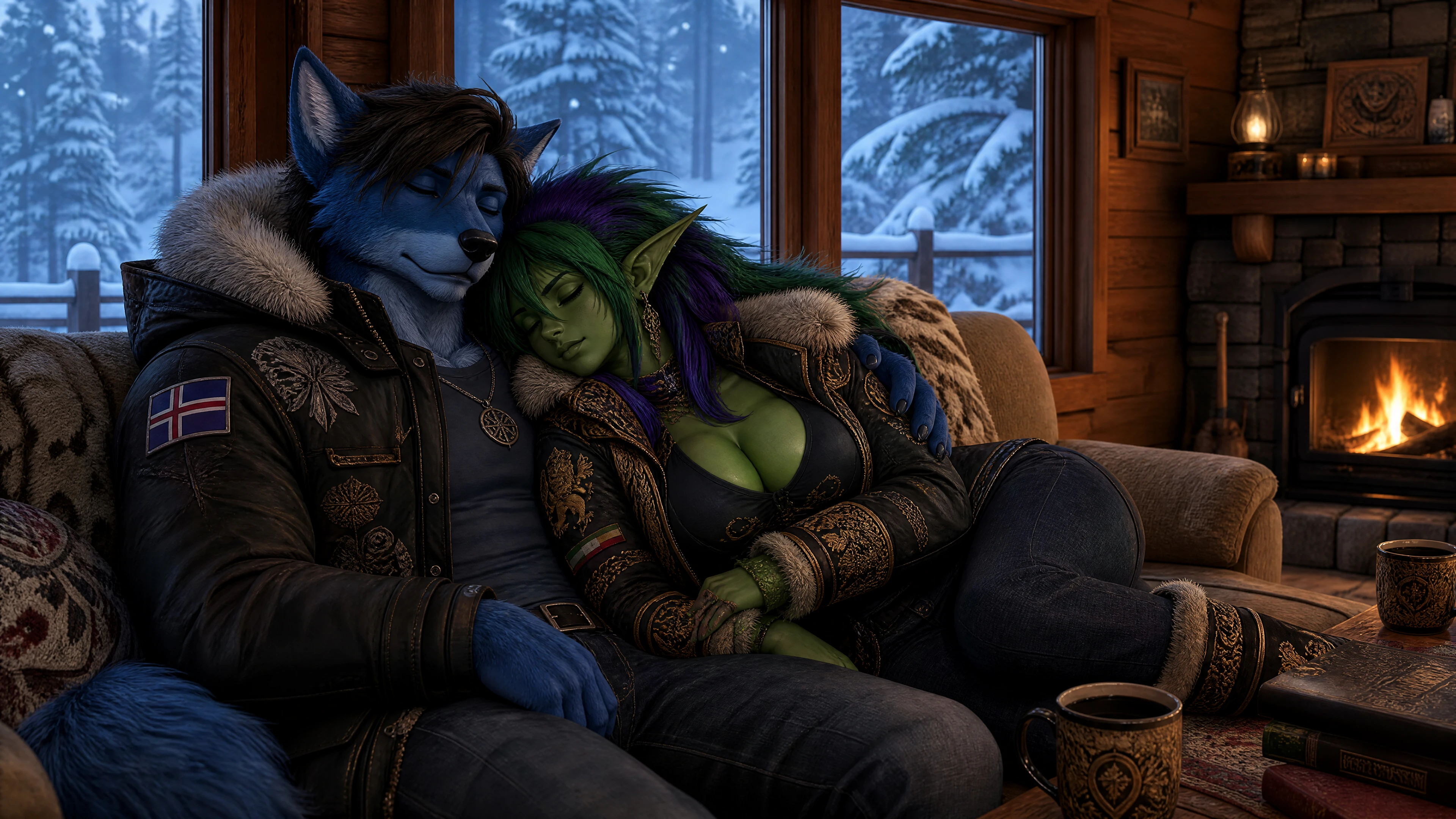 Fantasy couple sleeping on a couch in winter cabin