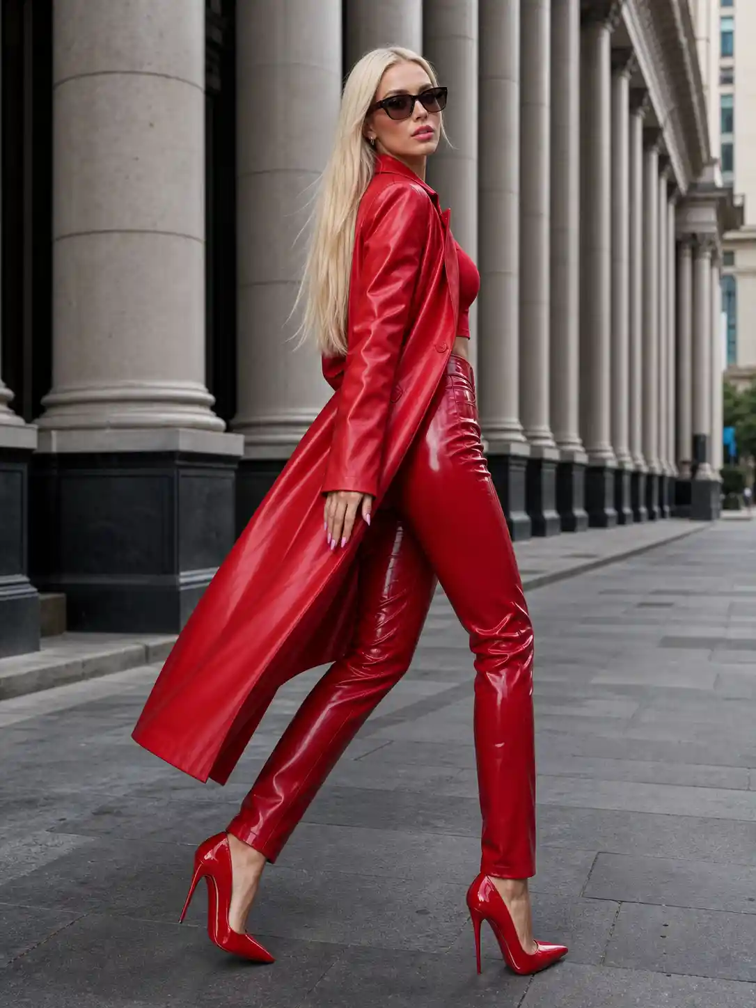 Elegant blonde woman in red coat walking by urban colonnade