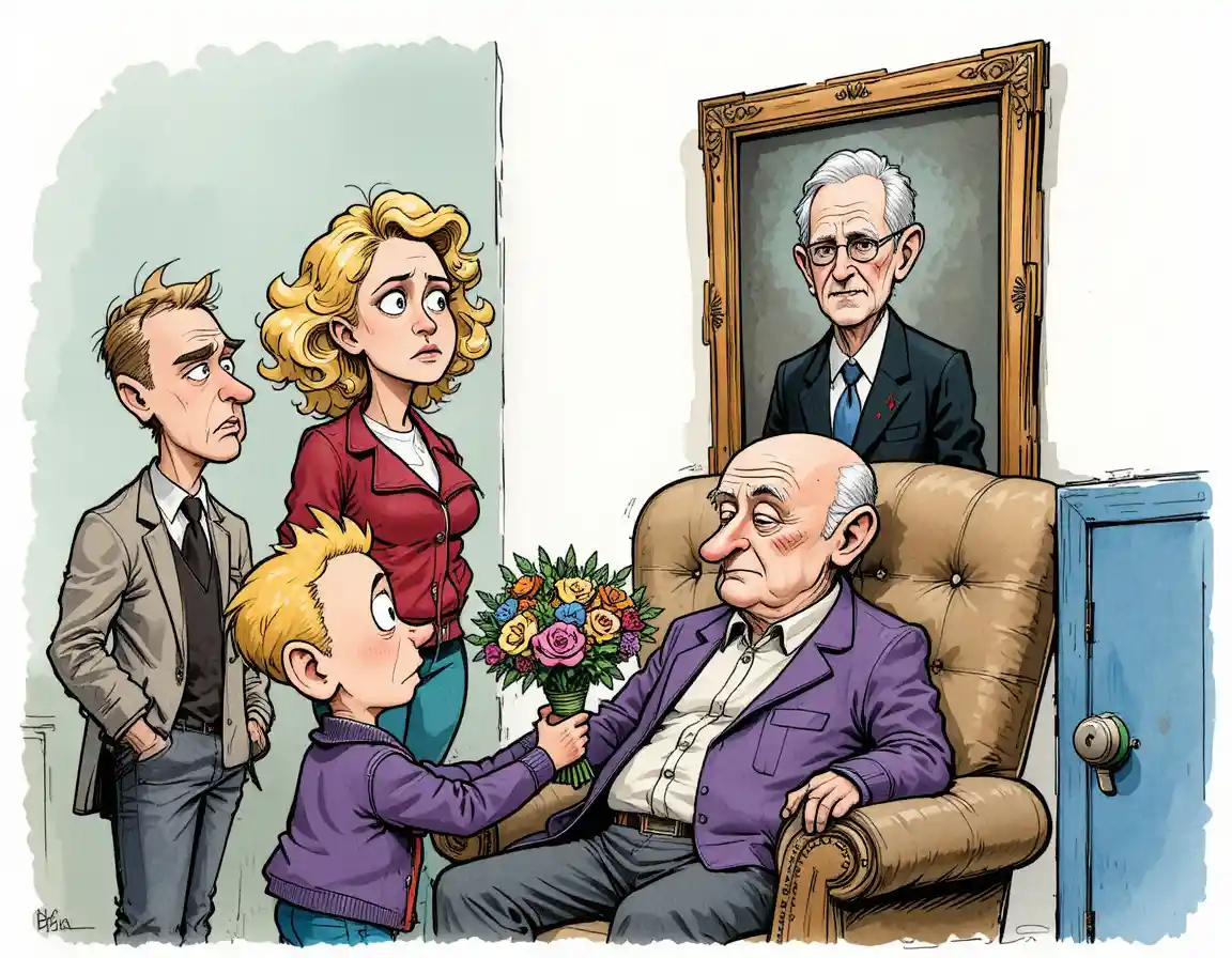 Family reacts to mourning portrait in cartoon living room scene