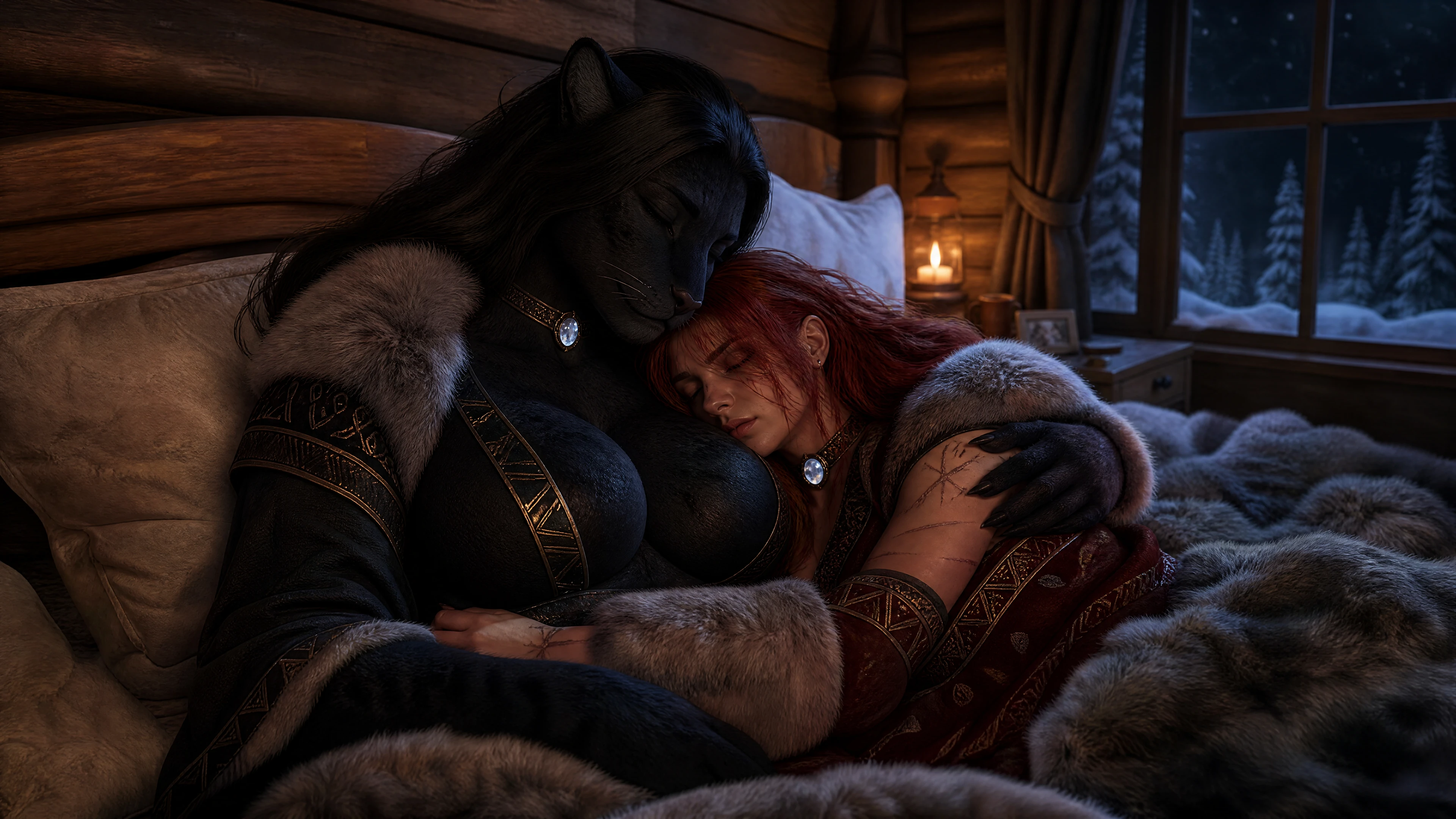 Two queens sleeping together in a cozy winter cabin