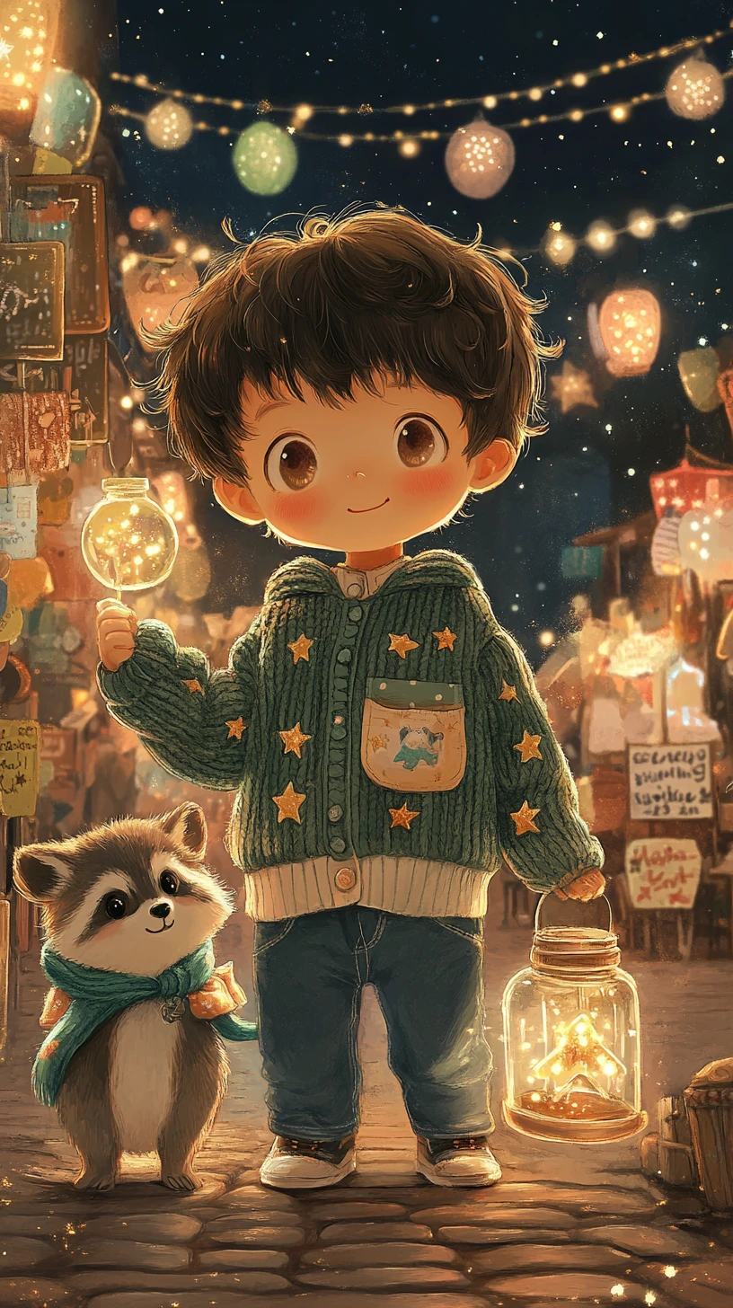 ほのかなランタンが灯る夜市のチビ幼児