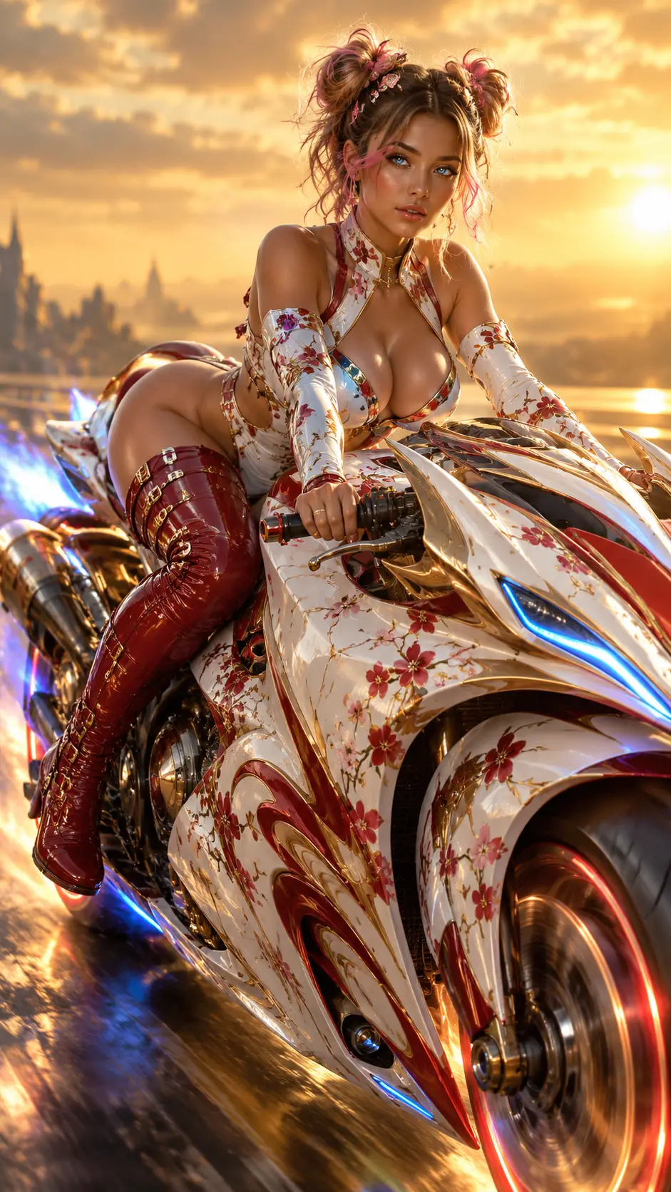 Futuristic woman on dragon inspired white motorcycle