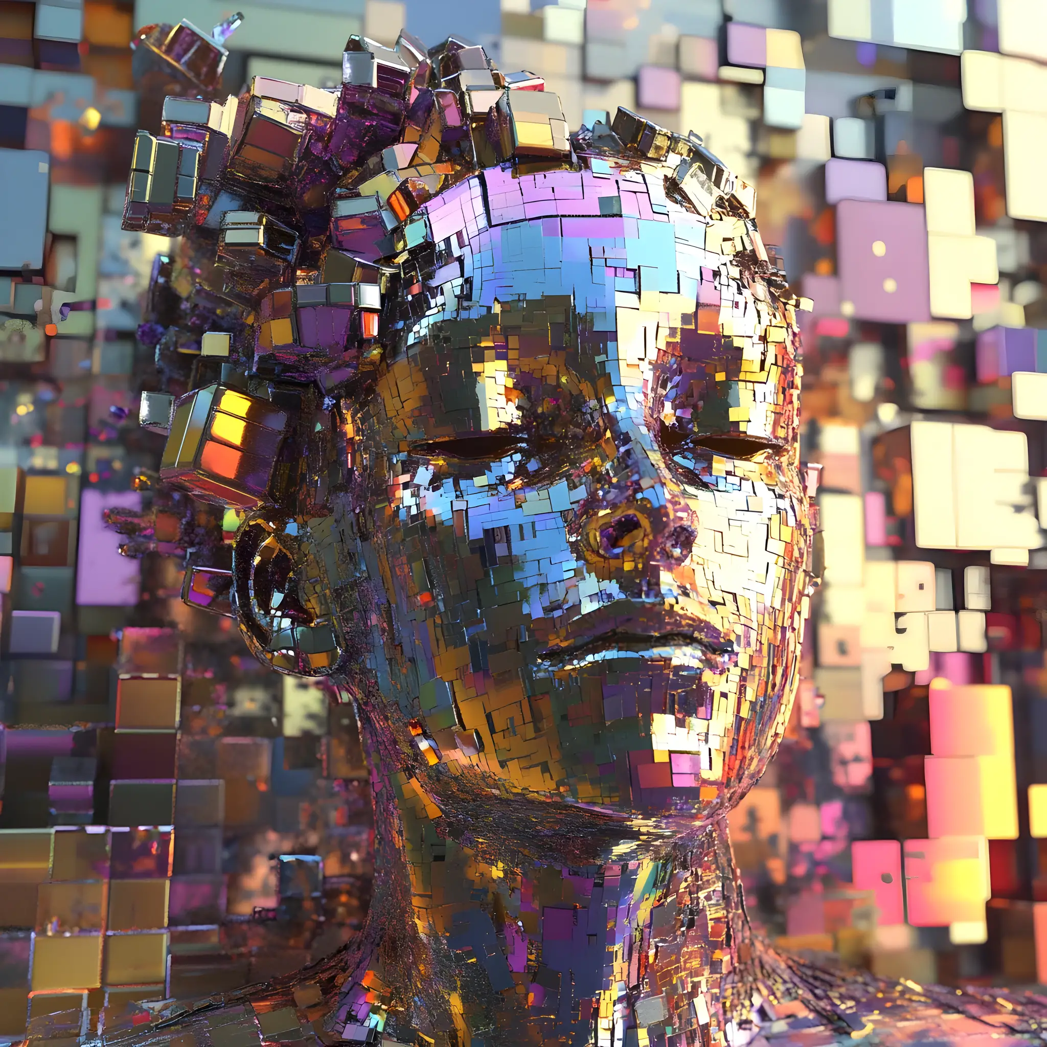 Voxel-Phönix, der aus einer farbenfrohen geometrischen Würfelwelt auftaucht