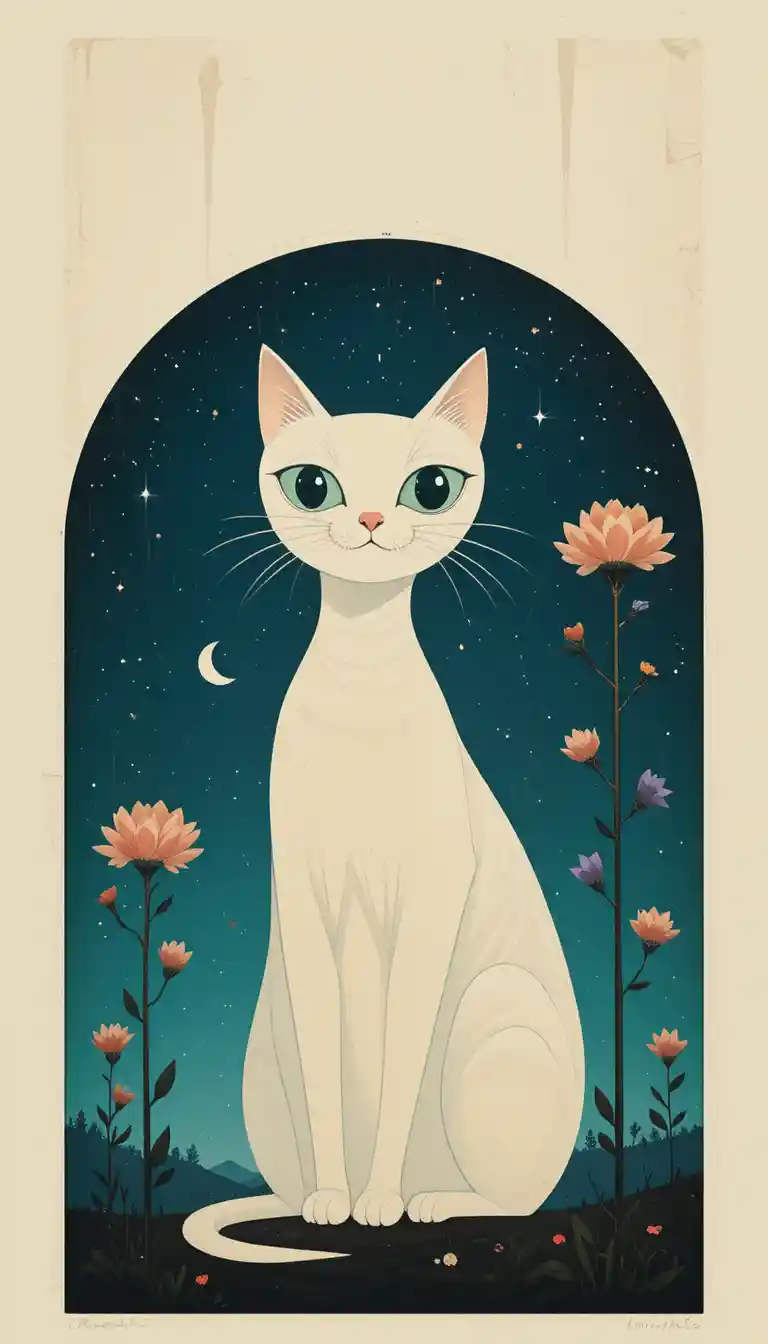 Silueta minimalista de gato en una escena nocturna onírica y surreal