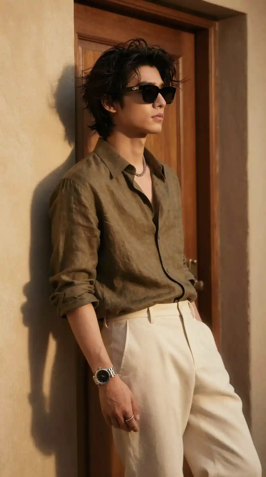 Stylish man in sunlight by a wooden doorway