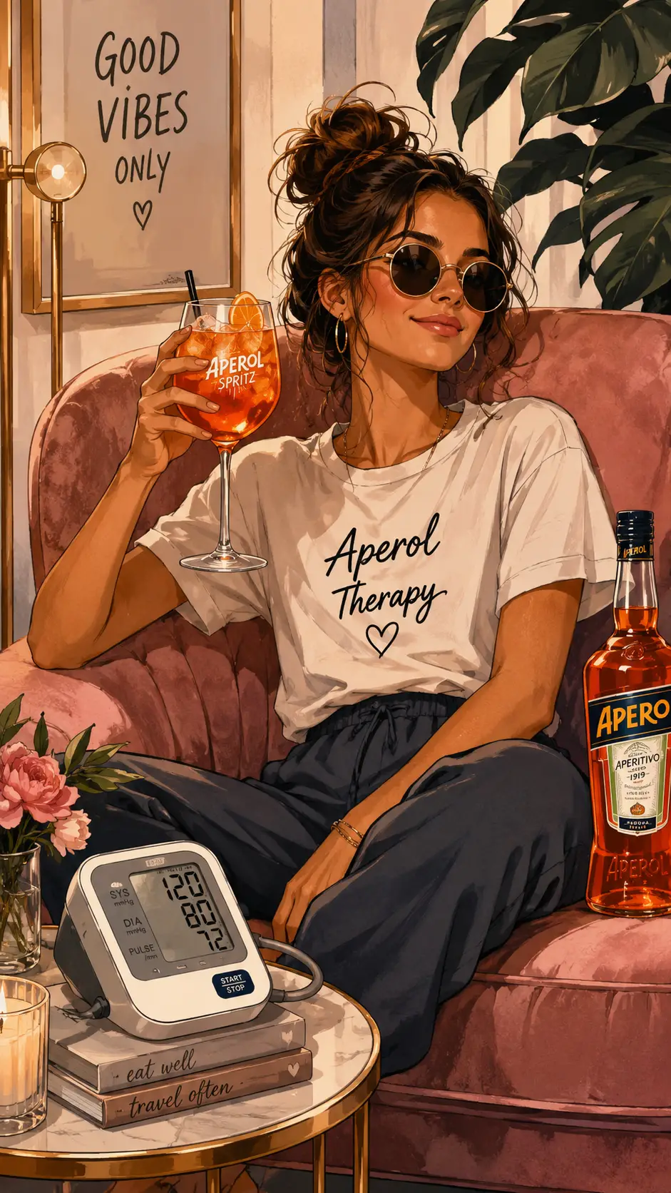 Woman relaxing with aperol spritz in a pink armchair