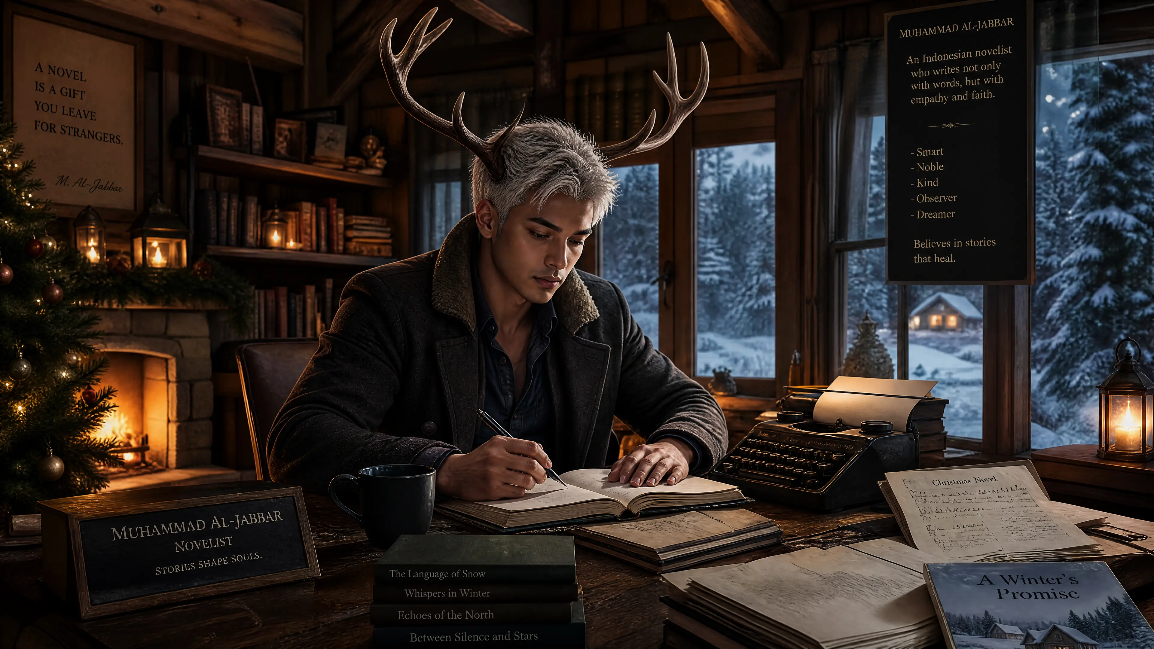 Indonesian man writing a Christmas novel in winter cabin
