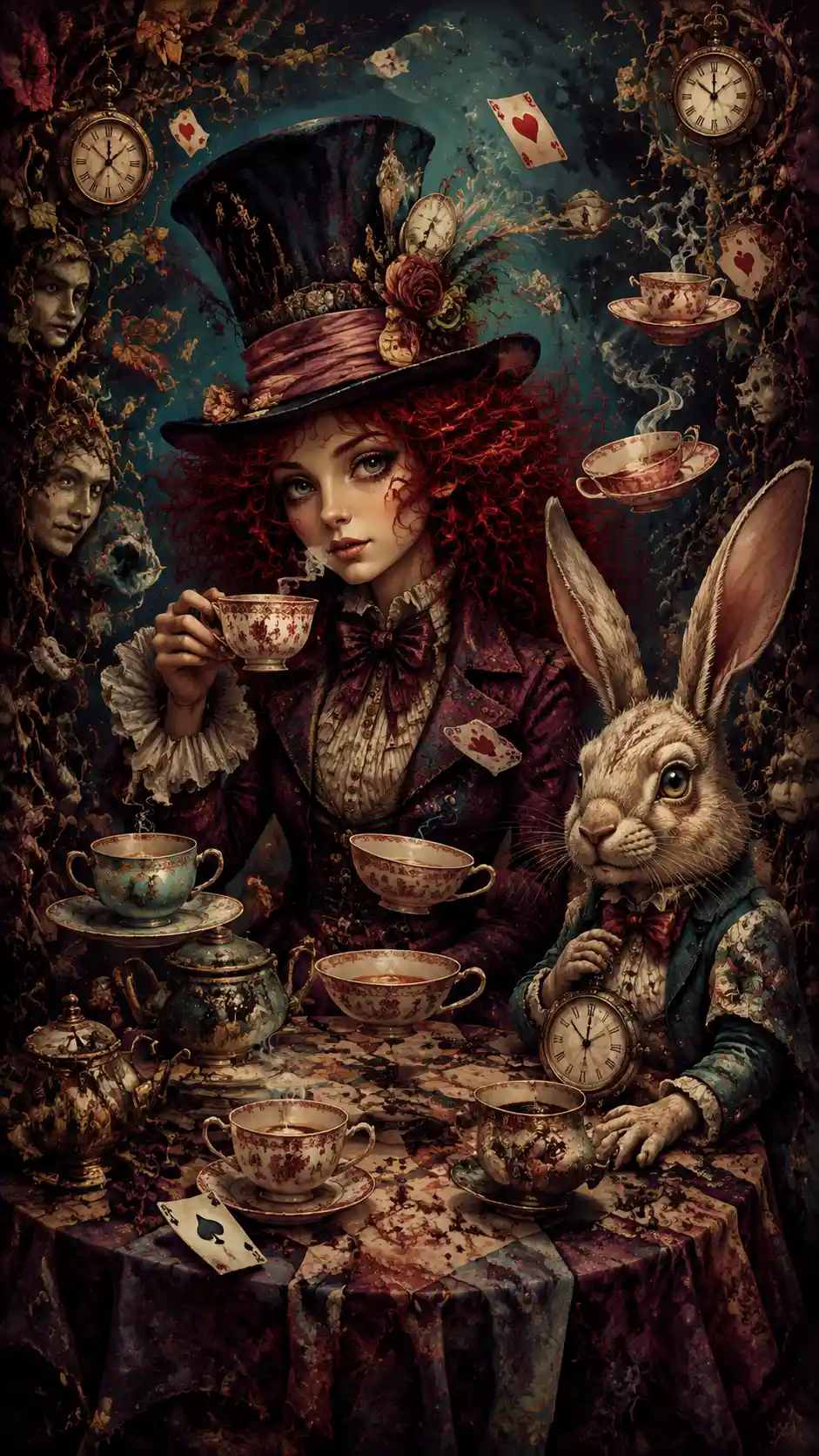 Eccentric woman at surreal midnight tea with rabbit