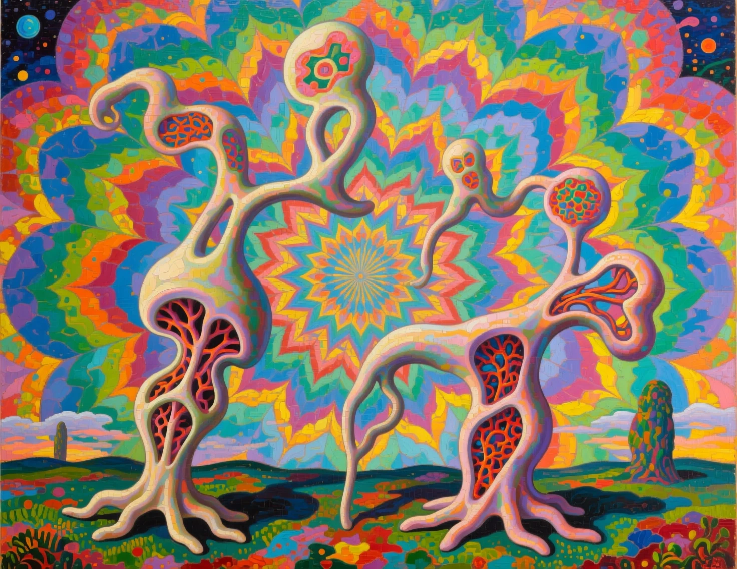 Surrealist organic forms emerging in a kaleidoscopic dreamscape