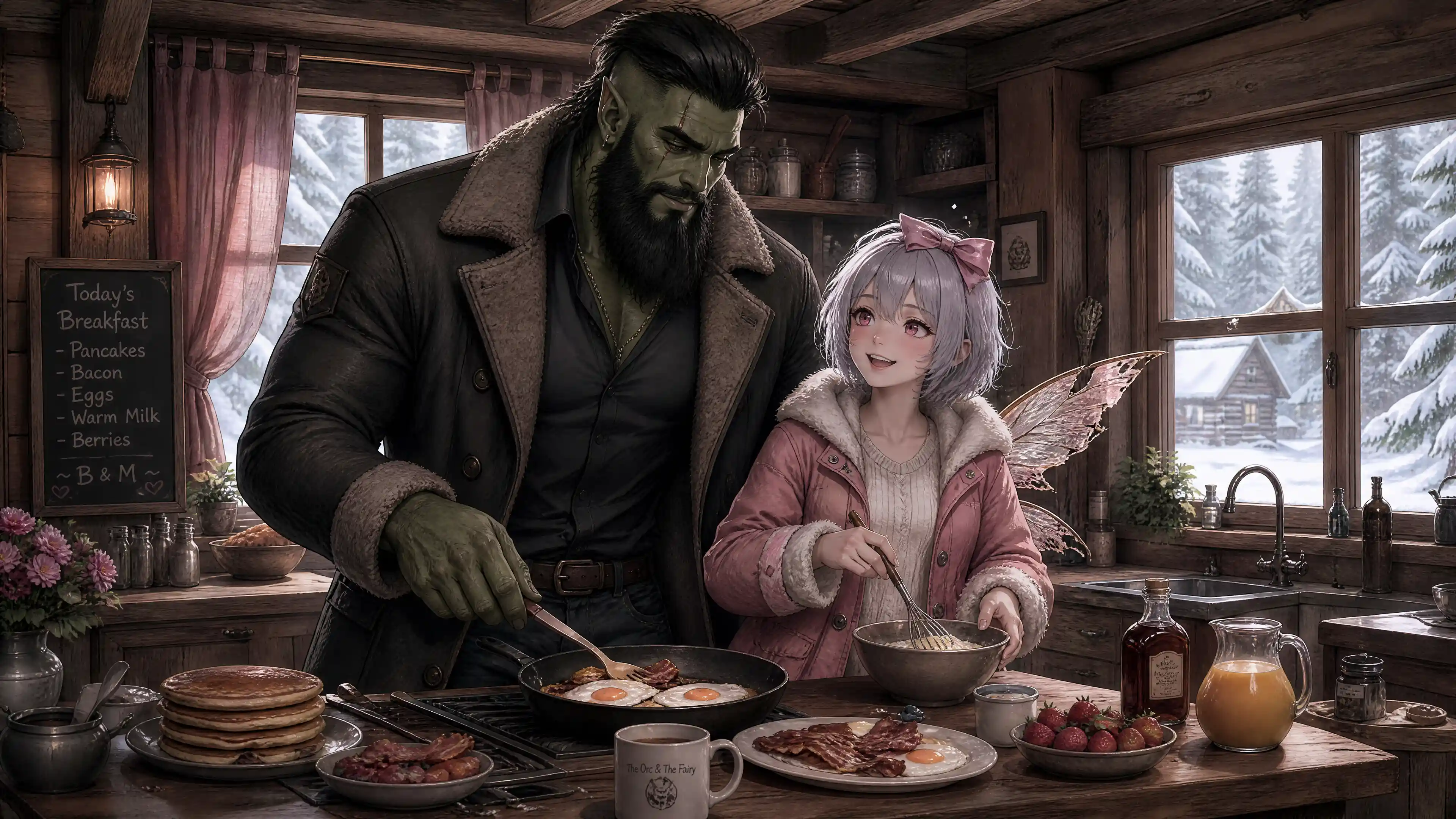 Orc husband and human wife cooking breakfast together