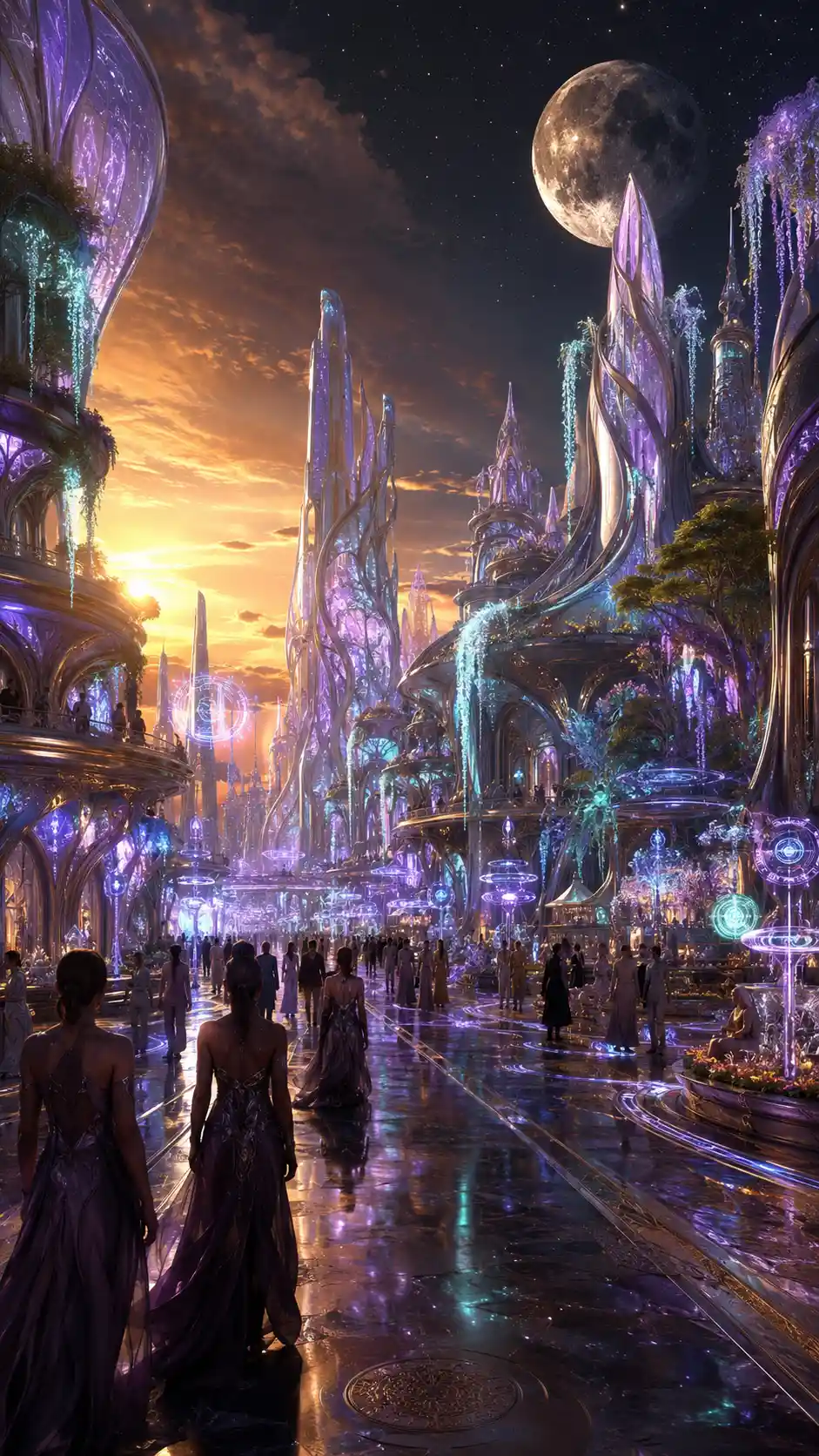 Cinematic lunarpunk city street at surreal golden hour