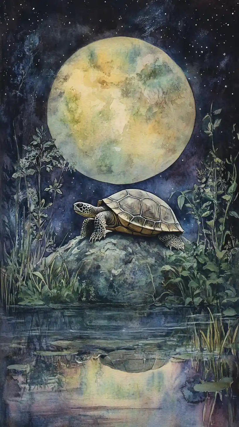 Aquarellschildkröte, die auf einem Felsen an einem mondbeschienenen Teich ruht