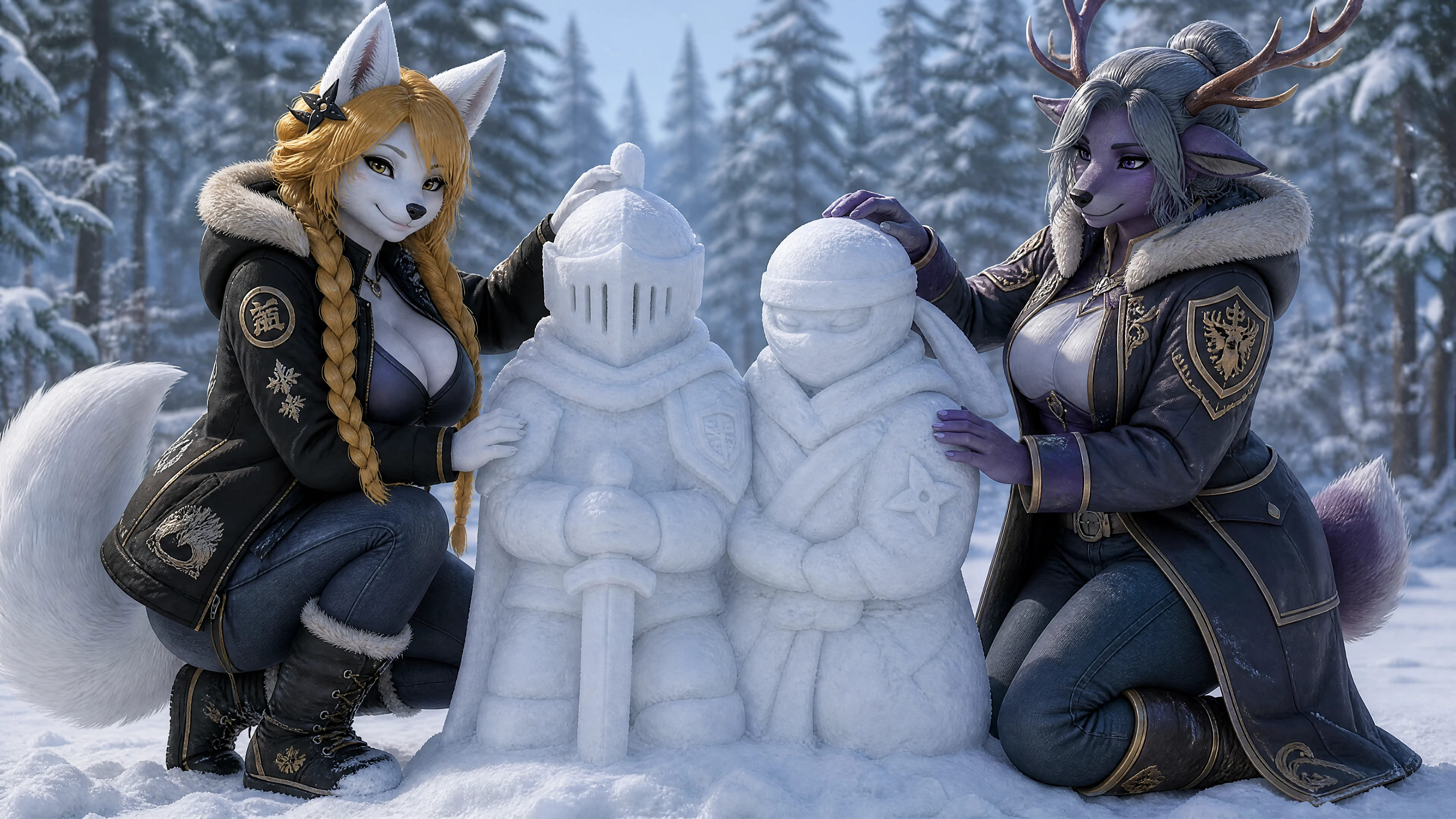 Anthro couple building snow statues in winter forest