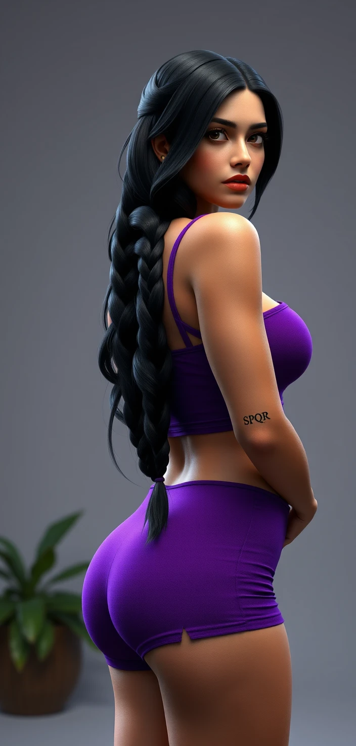 Regal dark haired woman in purple crop top and shorts