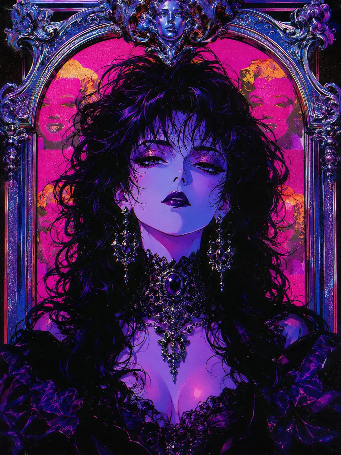 Retrato de diva gótica em anime com estilo barroco neon metálico