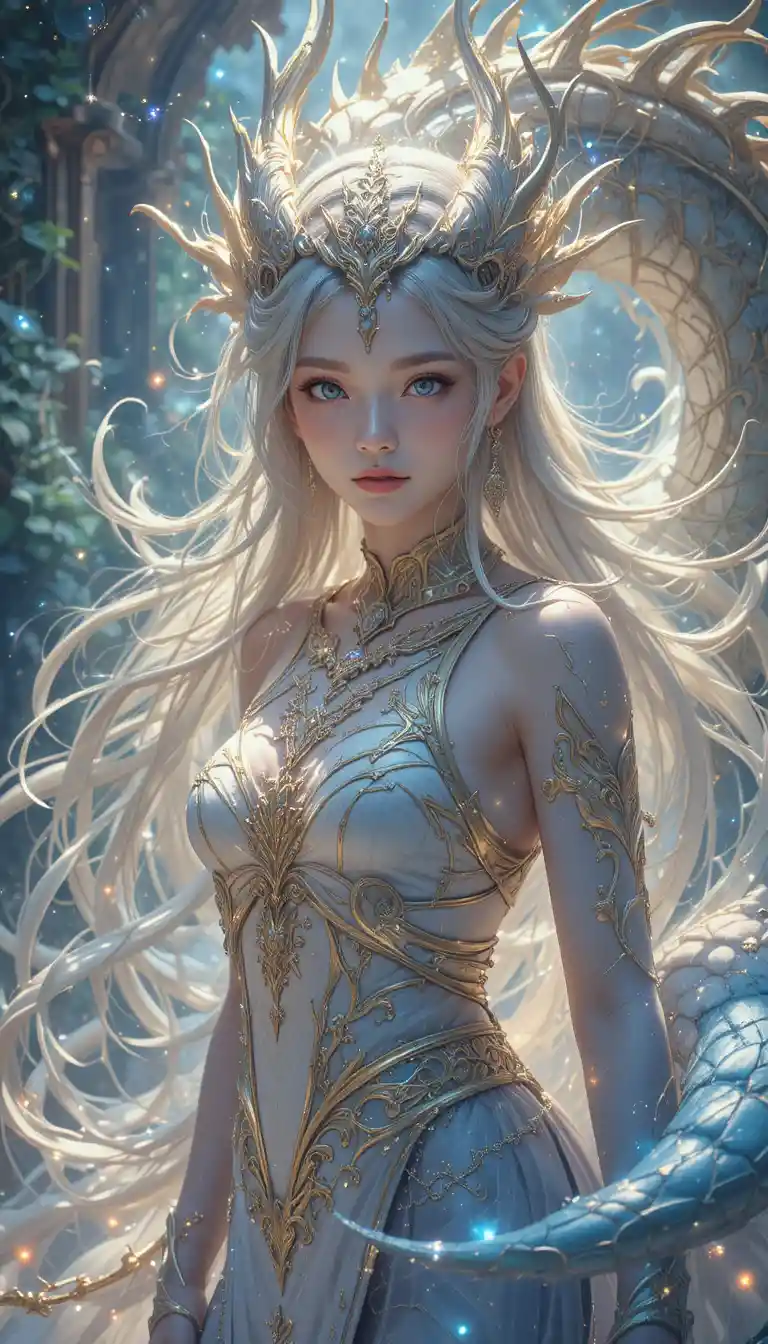 Donna drago in stile anime in un mistico universo fantasy