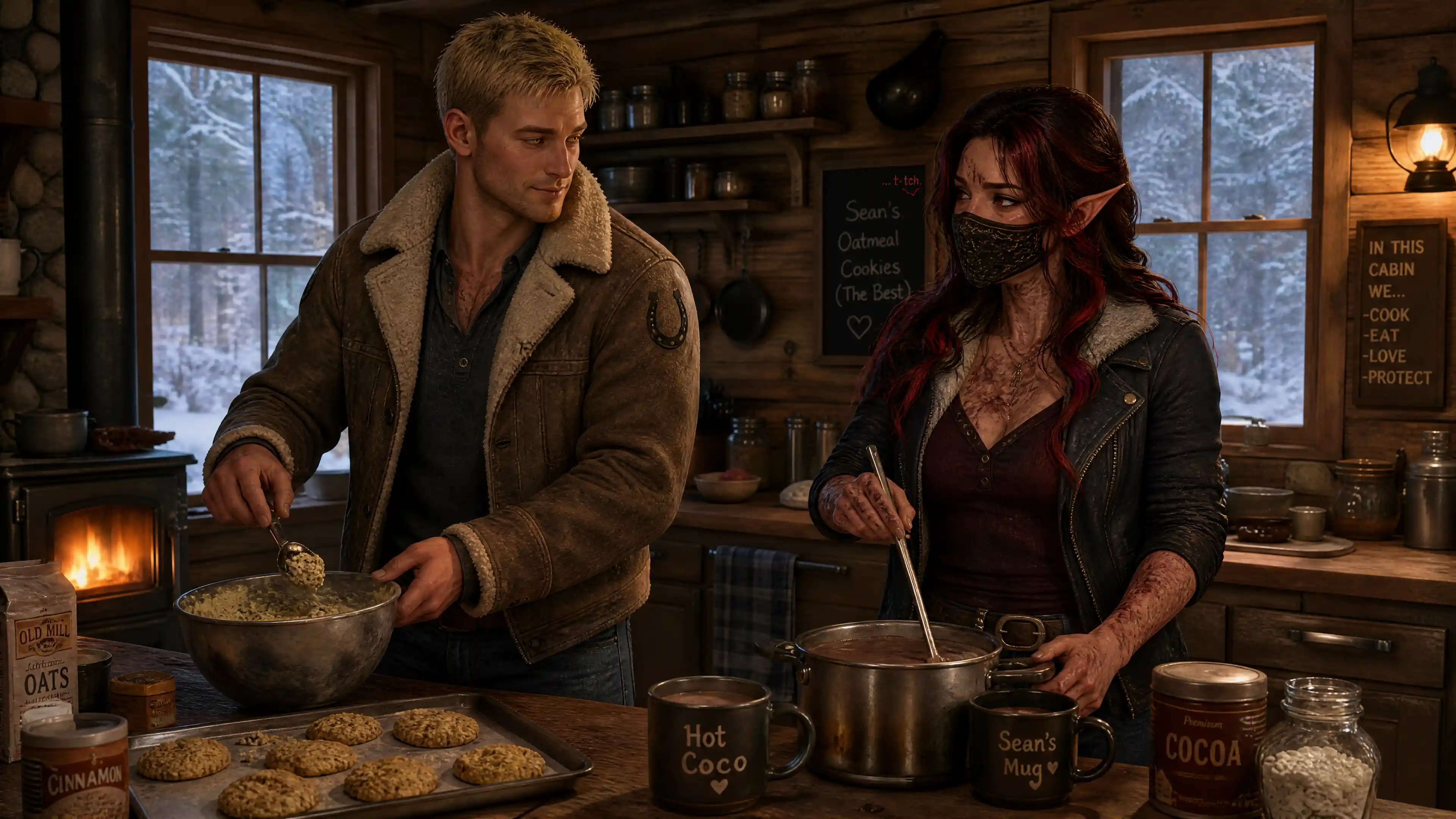 Elf woman and man cooking together in cozy winter kitchen