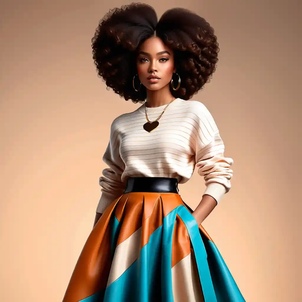 Donna nera stilosa con afro a forma di cuore e gonna audace
