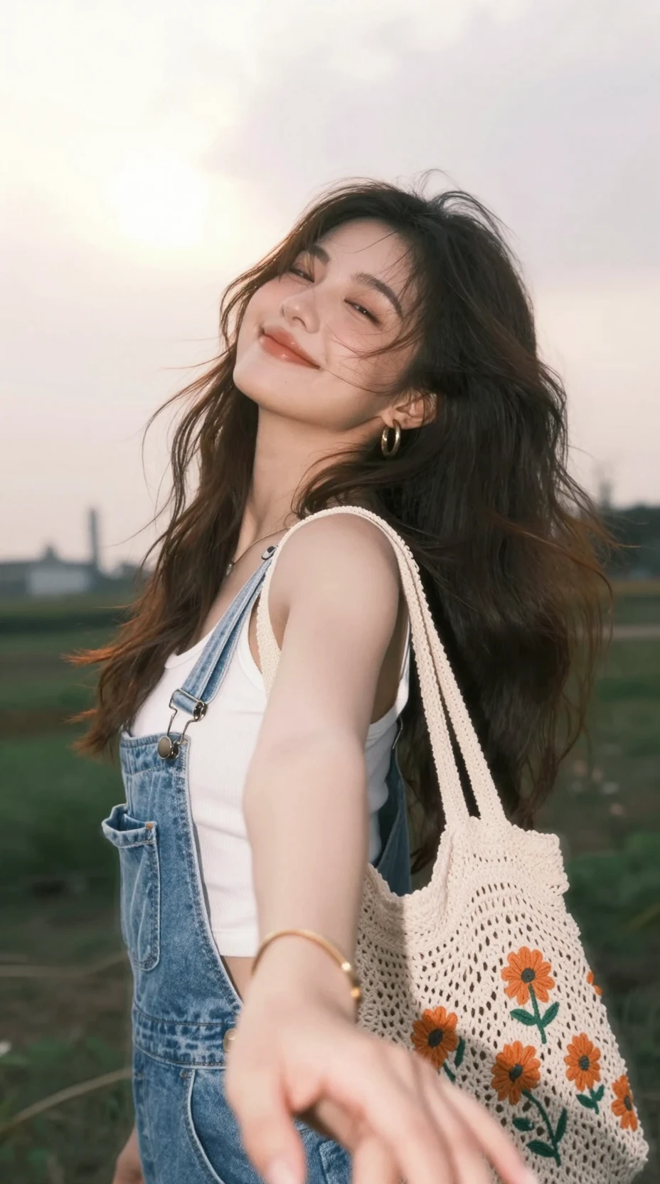 Ragazza sorridente con salopette di jeans che tende la mano verso la fotocamera