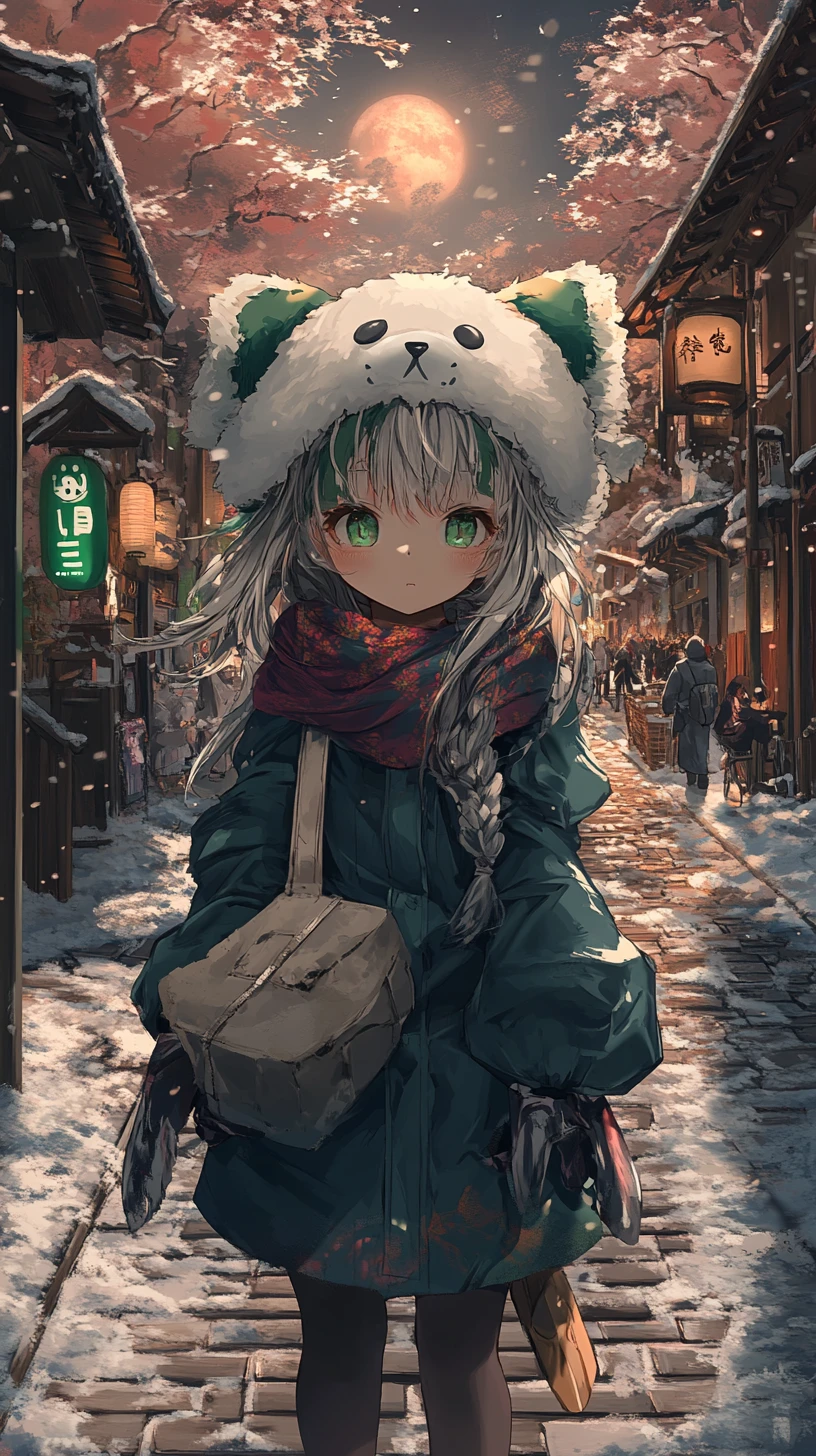 Silver haired anime girl in winter clothes with flowing red scarf