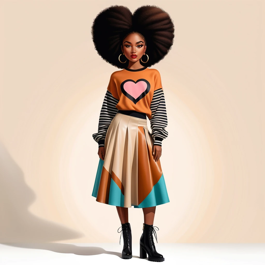 Stylish woman with heart shaped afro in bold floral skirt