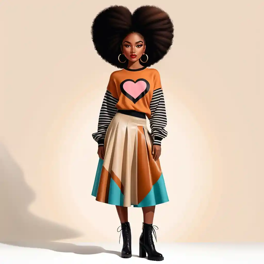 Stylish woman with heart shaped afro in bold floral skirt