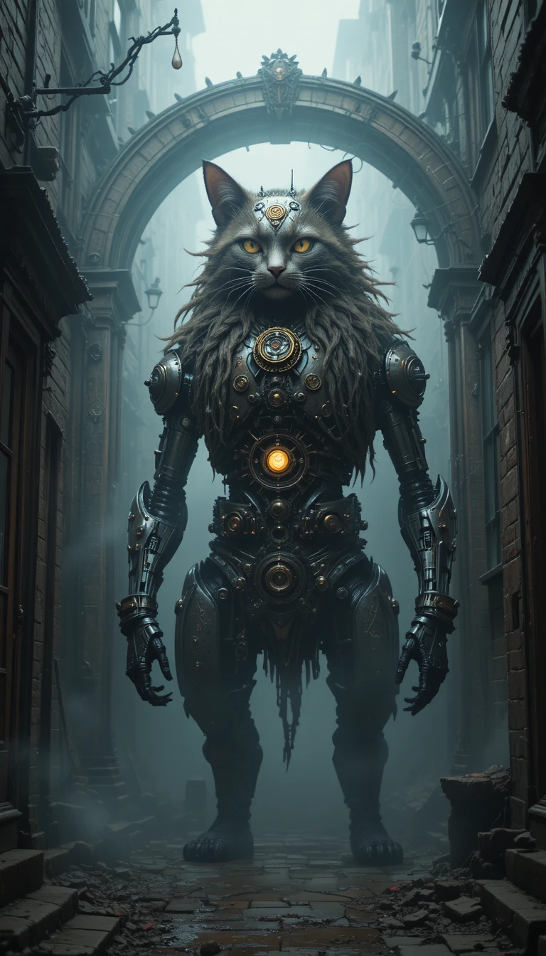 Gatto automa steampunk che sorveglia un portale nascosto nel vicolo