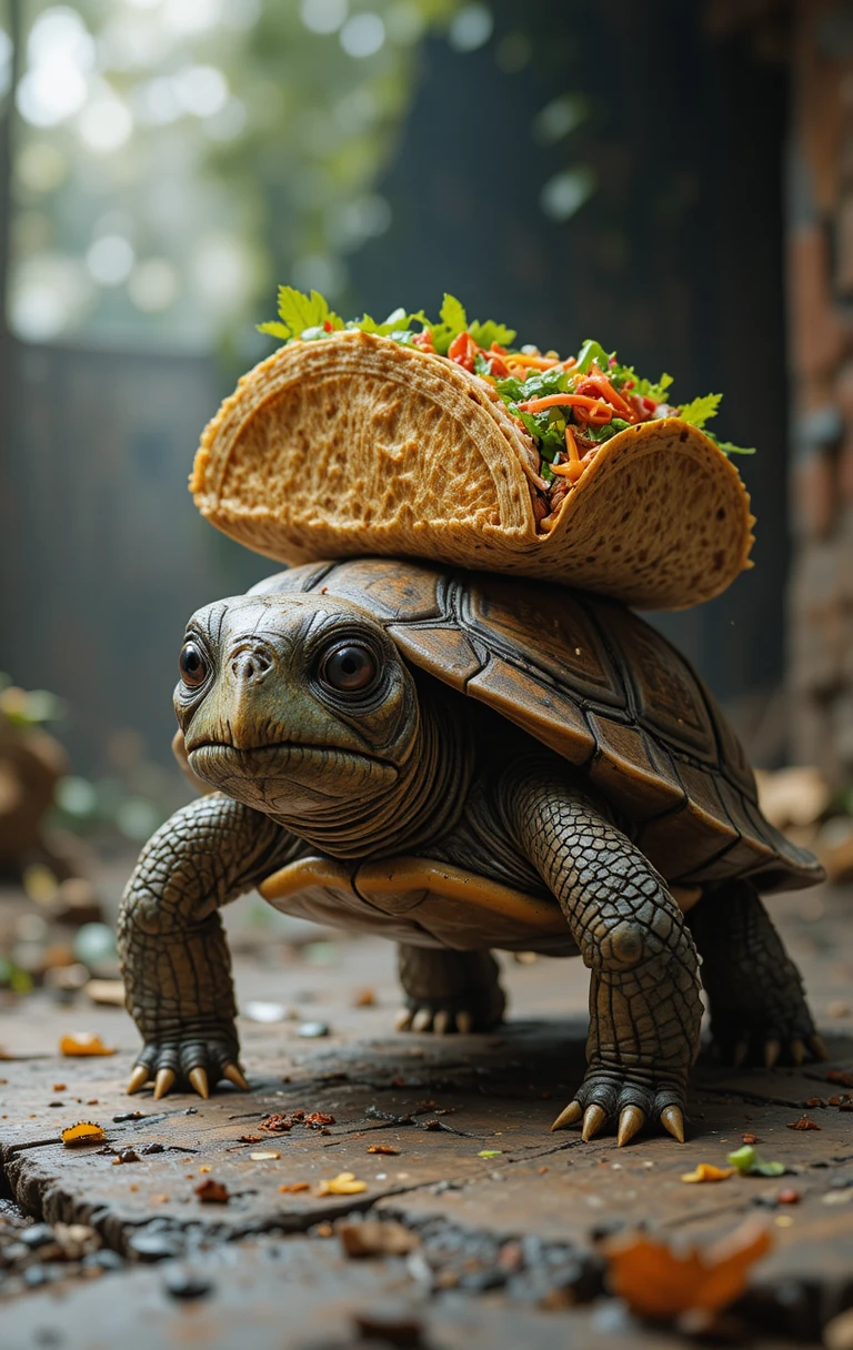 Verspielte Schildkröte, die langsam mit Tacos auf ihrem Panzer läuft