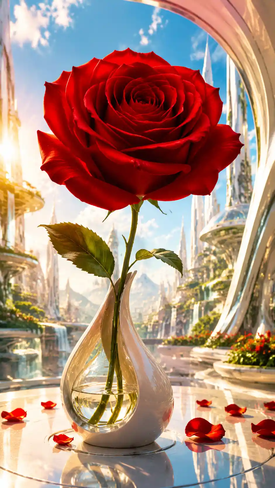 Single red rose in a vibrant futuristic digital illustration
