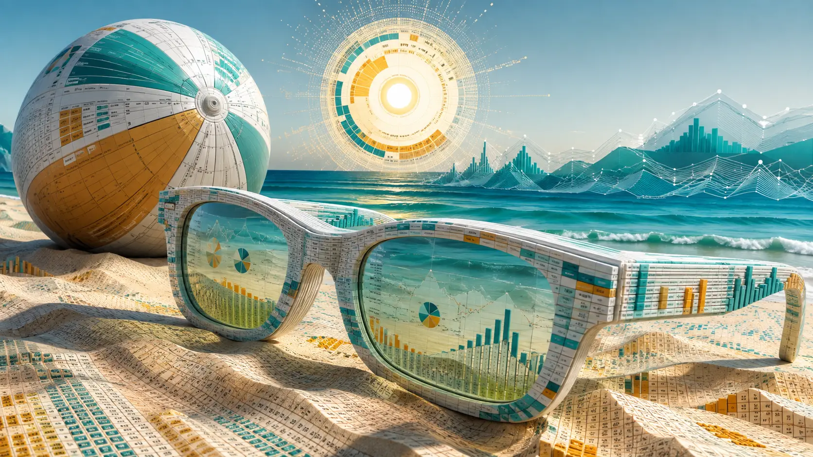 Surreale datengesteuerte Sonnenbrille an einem ruhigen Sommerstrand