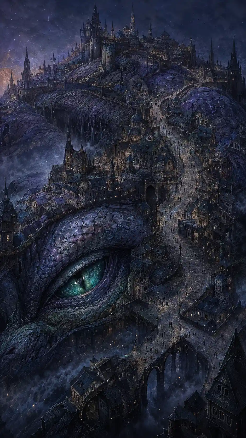 Dragon ancien dormant sous les fondations d’une ville fantastique bancale