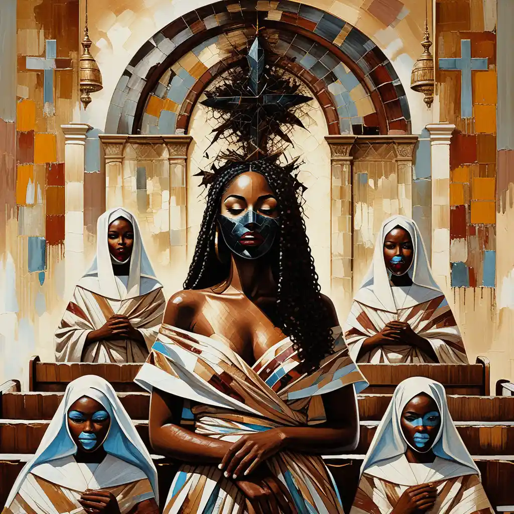 Surreal brown skinned women among church pews and banners