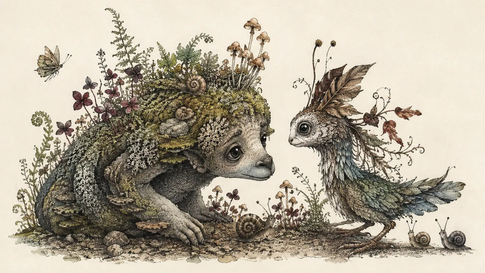 Créature Fantastique du Folklore en Illustration Botanique à l’Encre