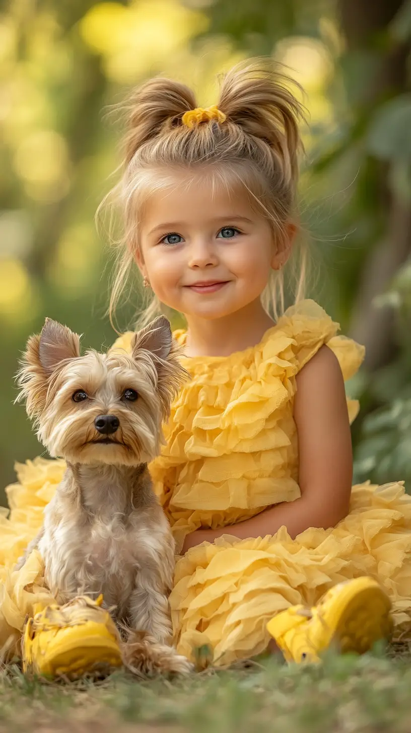 Menina sorridente de vestido amarelo brincando com cachorro