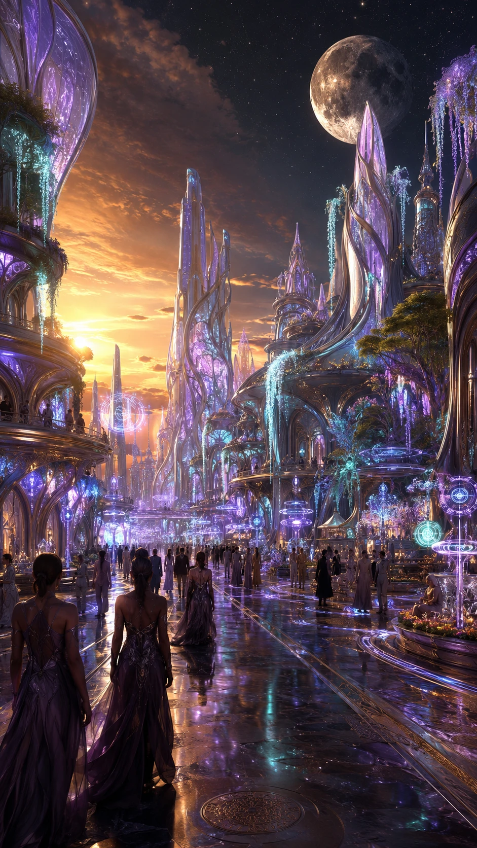Calle cinematográfica de ciudad lunarpunk en una hora dorada surrealista