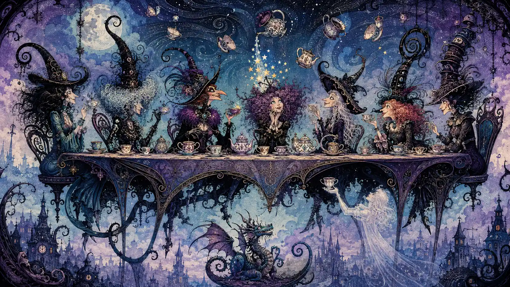 Eccentric witches at a surreal floating tea table