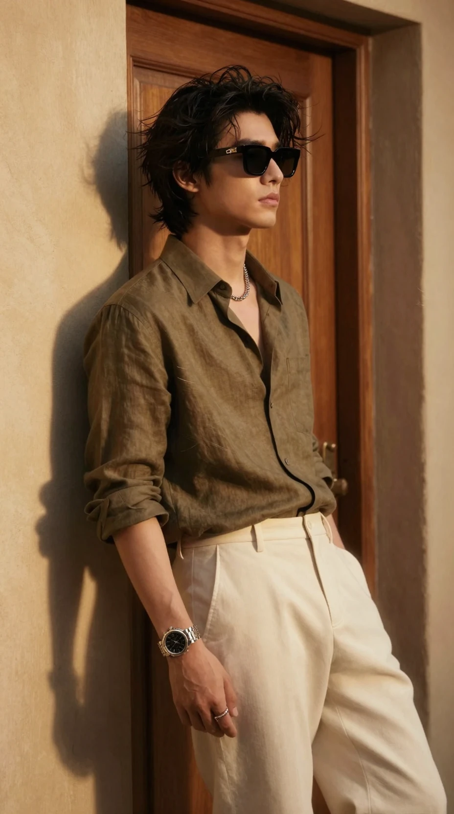 Stylish man in sunlight by a wooden doorway