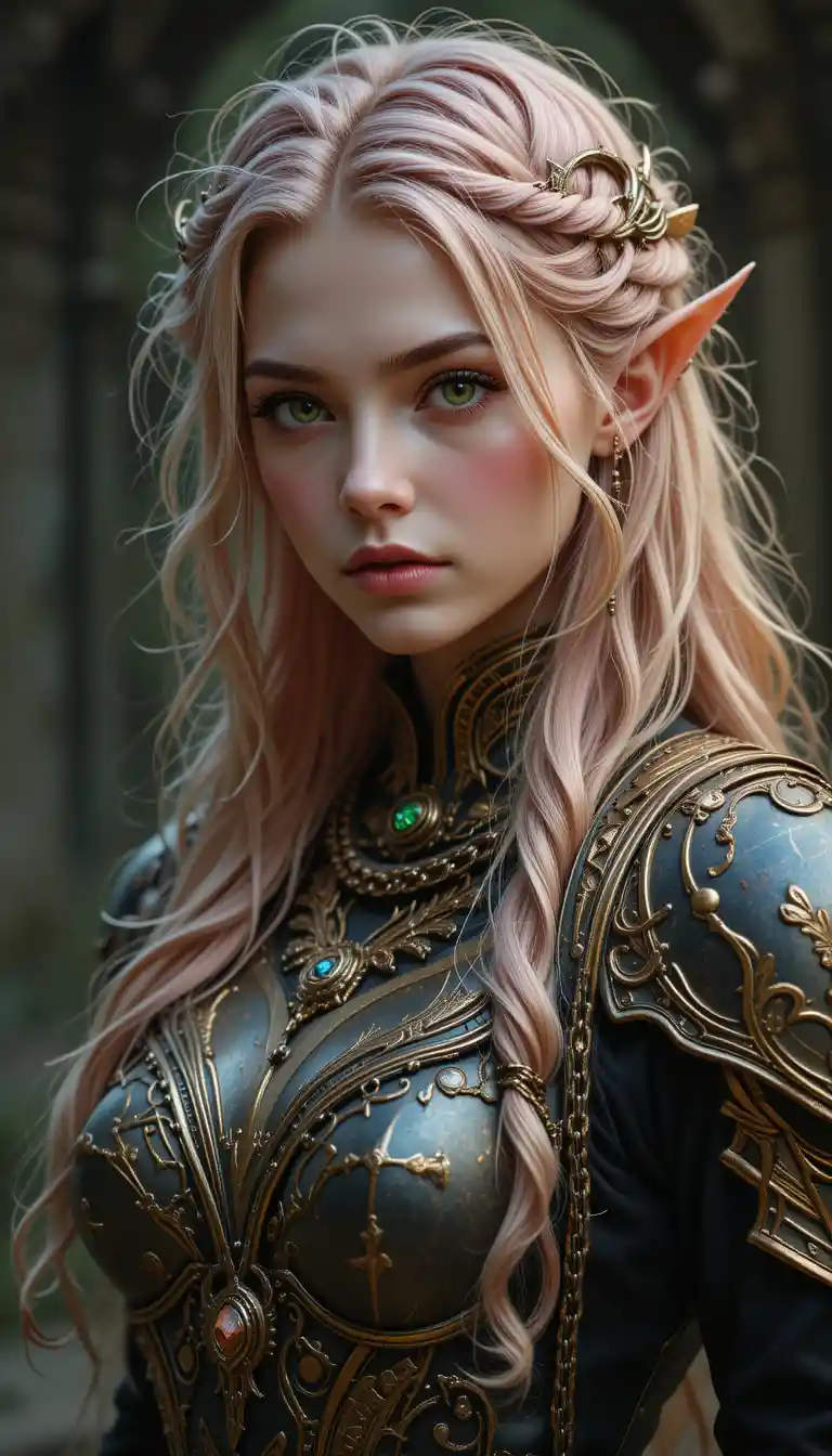 Elegant female bard warlock in dark elven chain armor