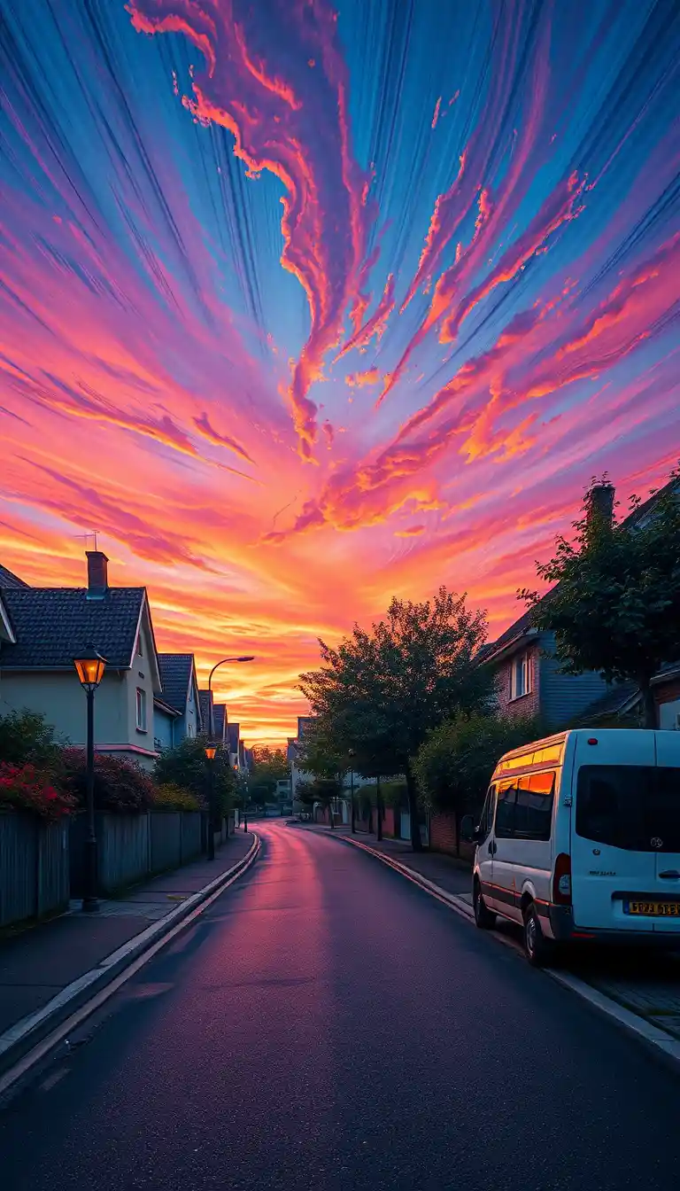 Colorful evening sky over quiet suburban residential street