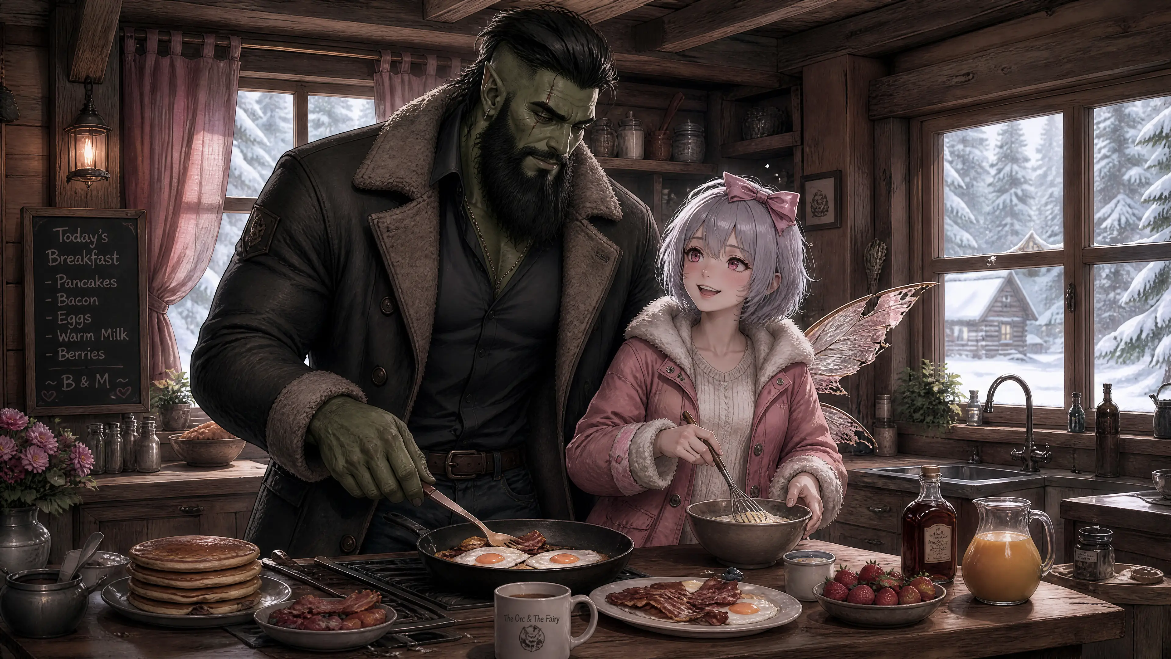 Orc husband and human wife cooking breakfast together