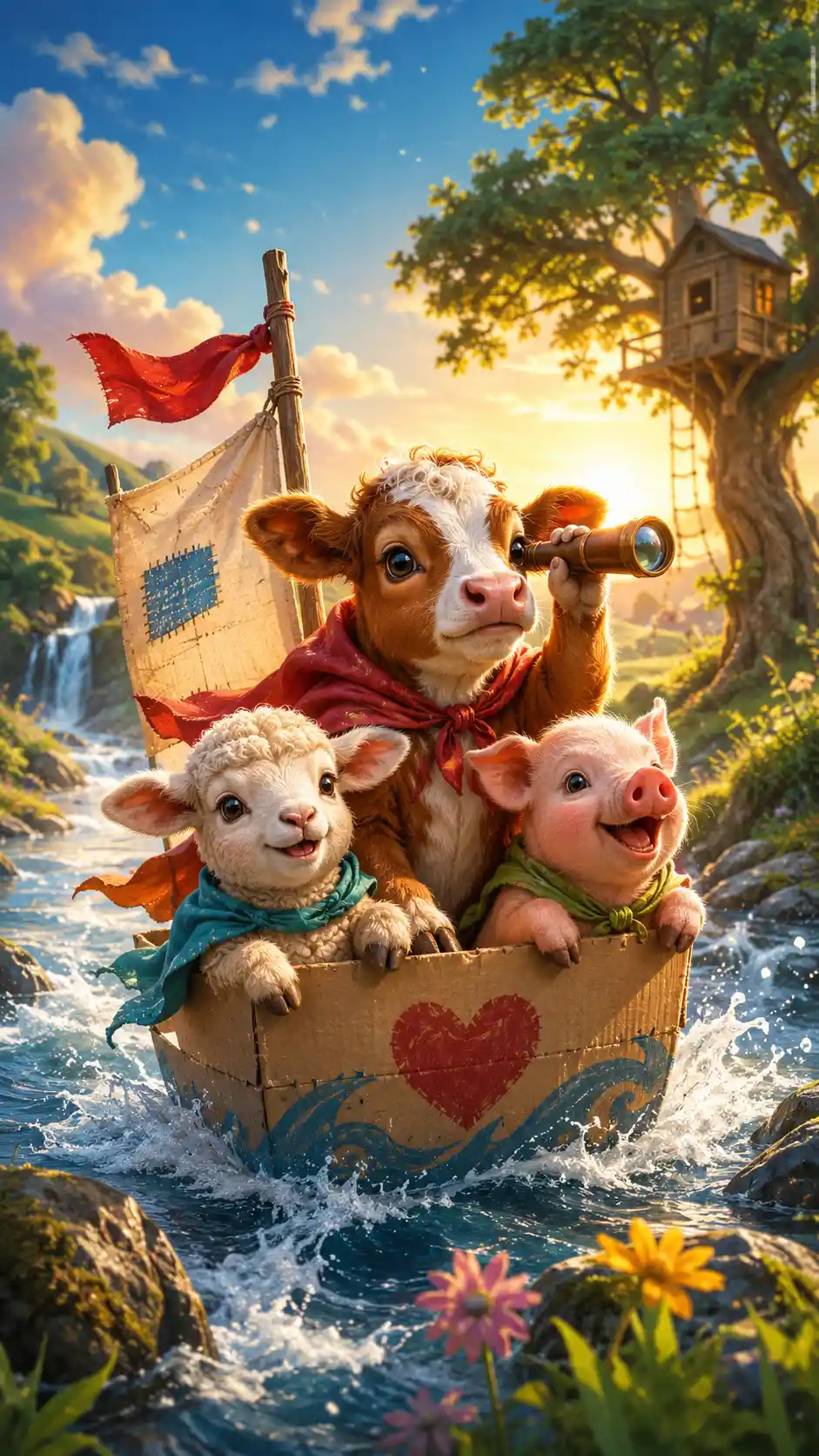 Kalb, Lamm und Ferkel auf fröhlichem sonnigen Abenteuer