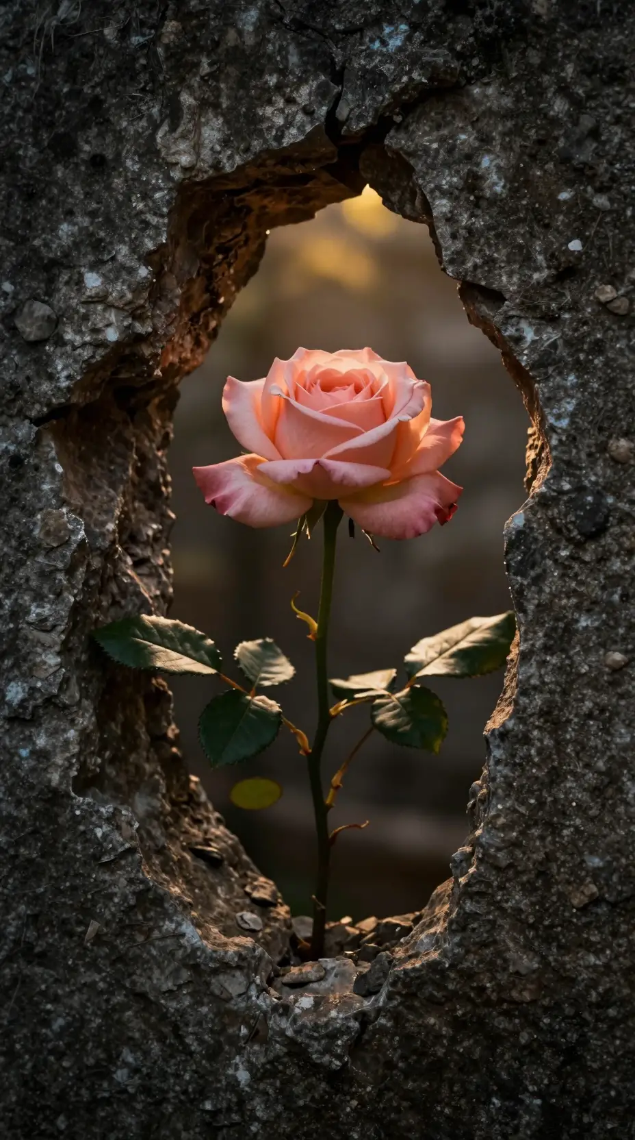 Einzelne pfirsichfarbene Rose, die durch raue Steinmauer blüht