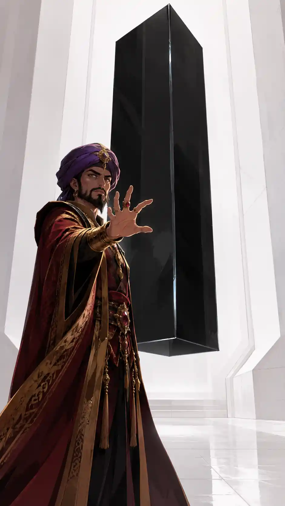 Mage facing a floating black obelisk in white hall