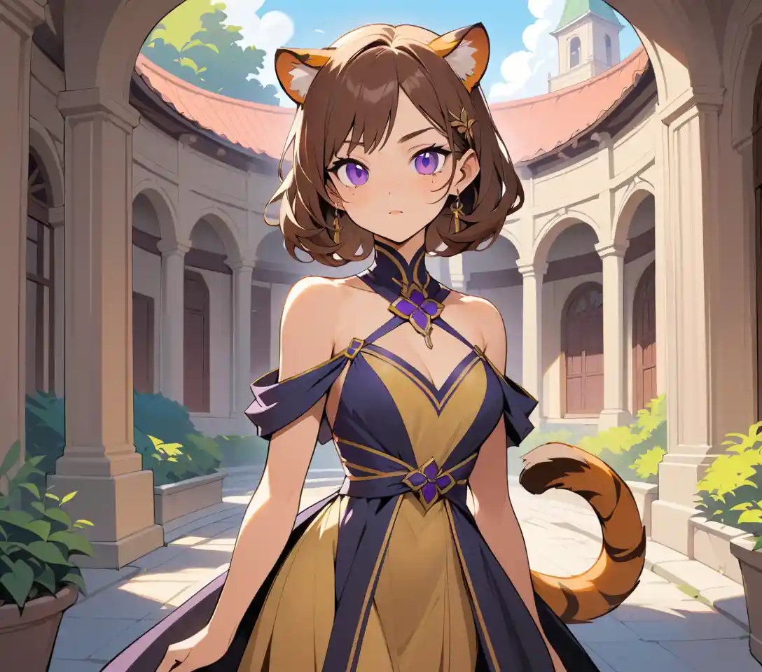 Scarred tigress woman in historic university courtyard
