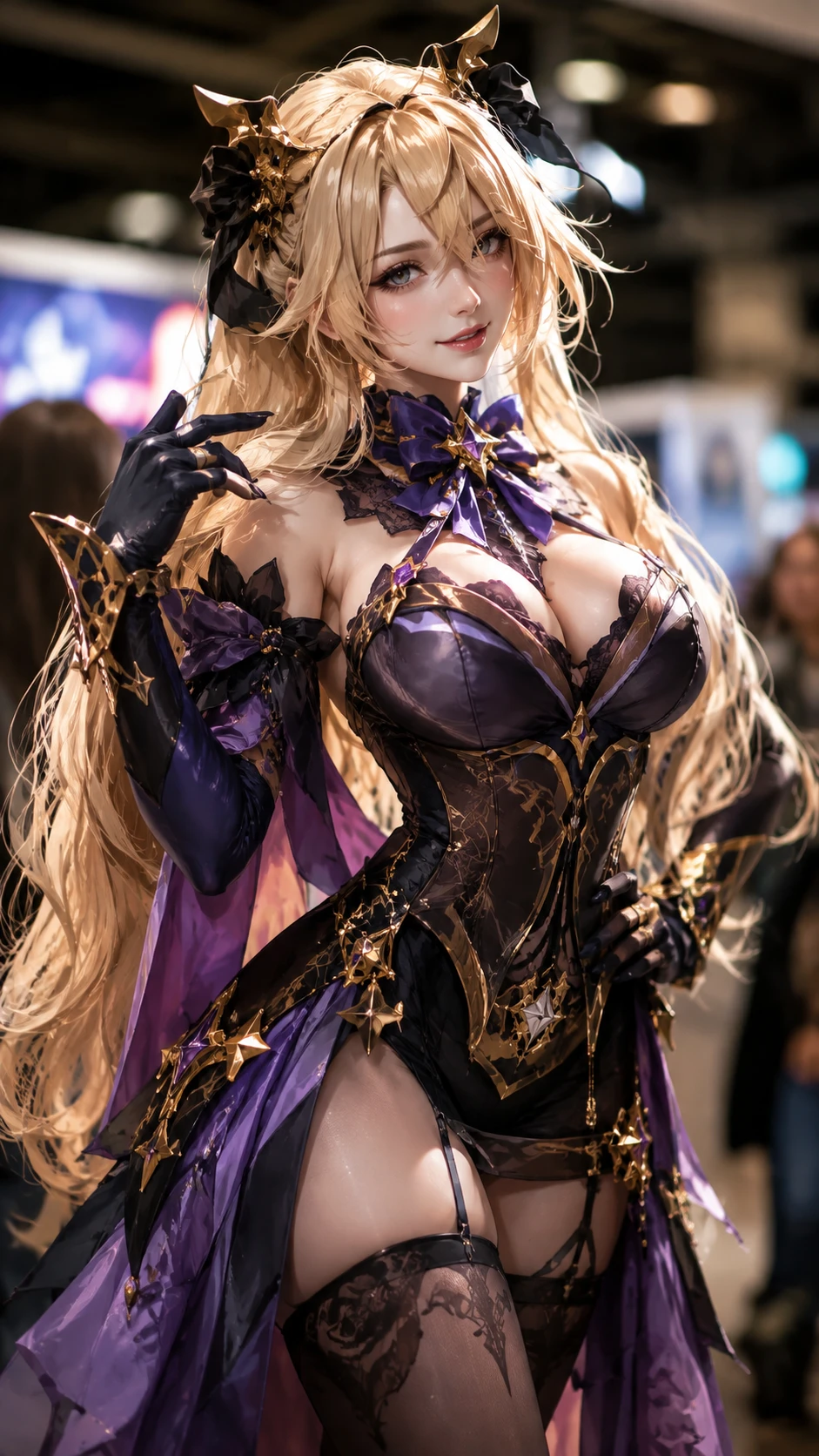 Anime cosplay woman posing confidently at a busy convention