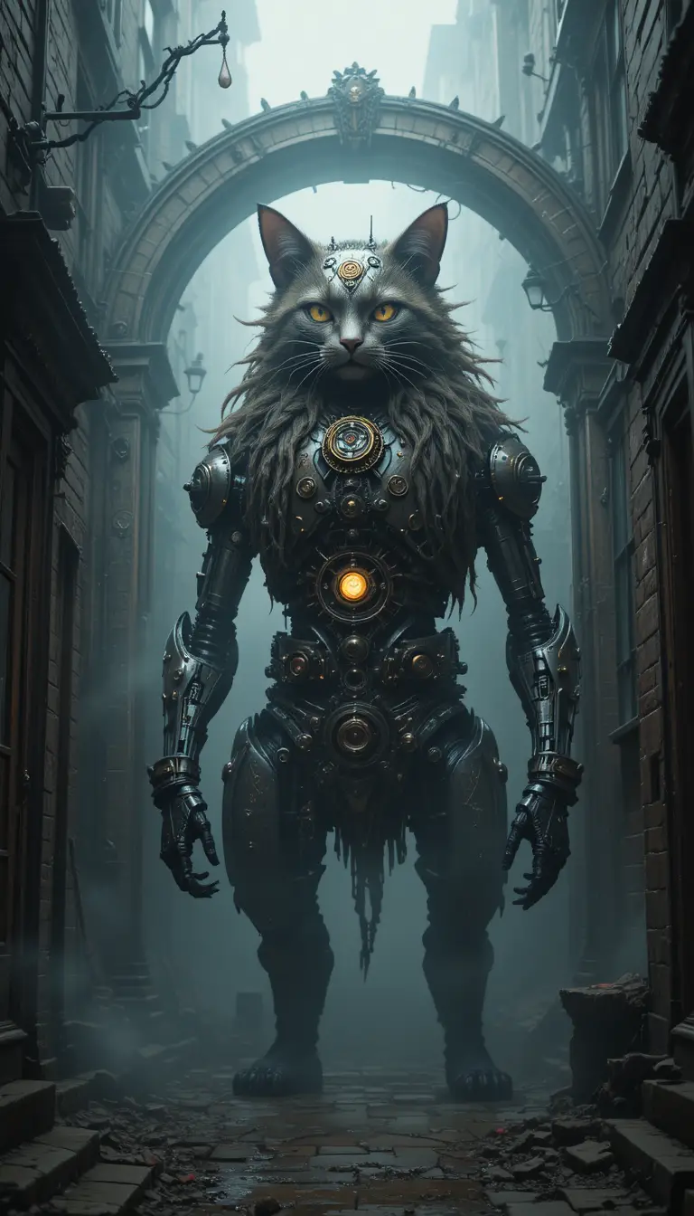 Steampunk-Automatenkatze, die ein verborgenes Gassenportal bewacht