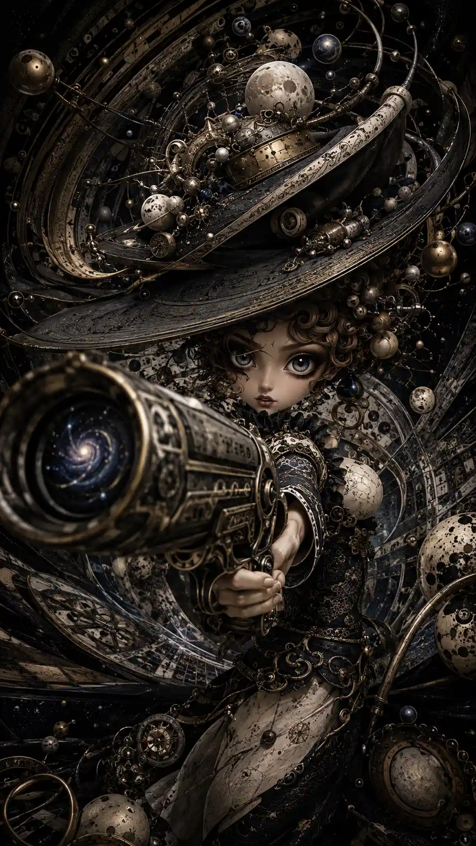 Miniatur-Cowgirl in einer surrealen kosmischen Maschine