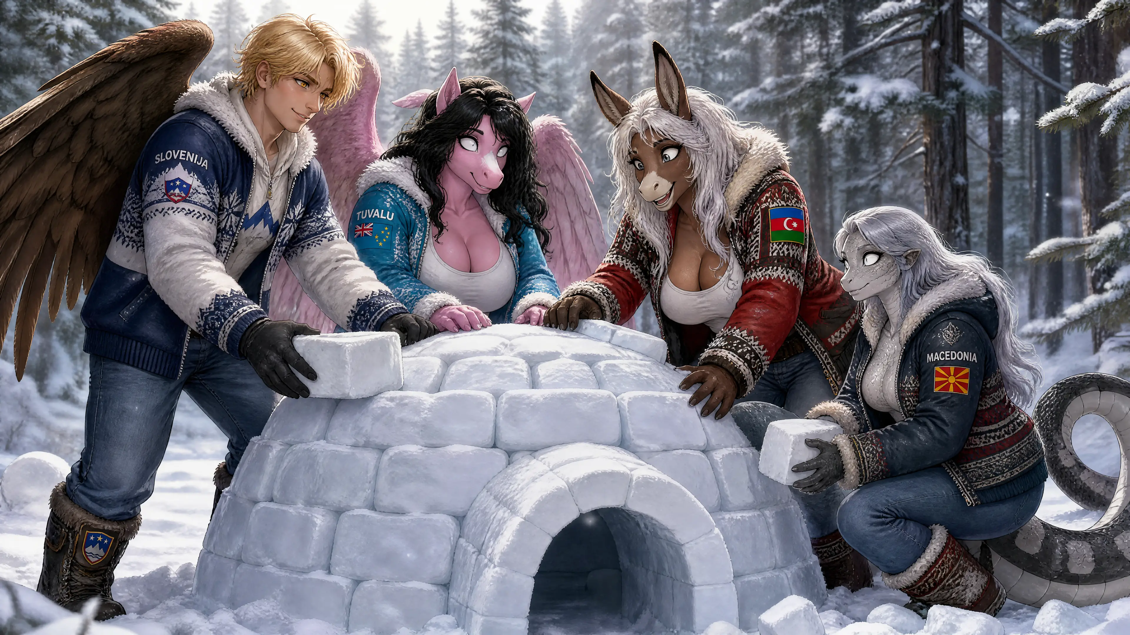Coppia anthro in inverno che costruisce un igloo in una foresta innevata