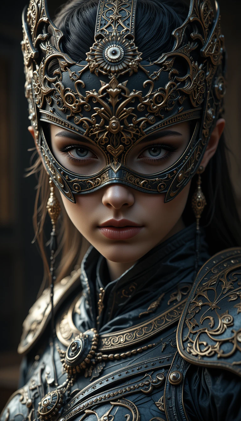 Masked female warrior in ornate black and gold armor